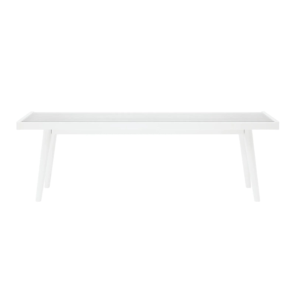 Entryway Bench with Mid-Century Slatted Design, Solid Pine and Birch Wood Frame, Tapered Legs and 275 lb Support