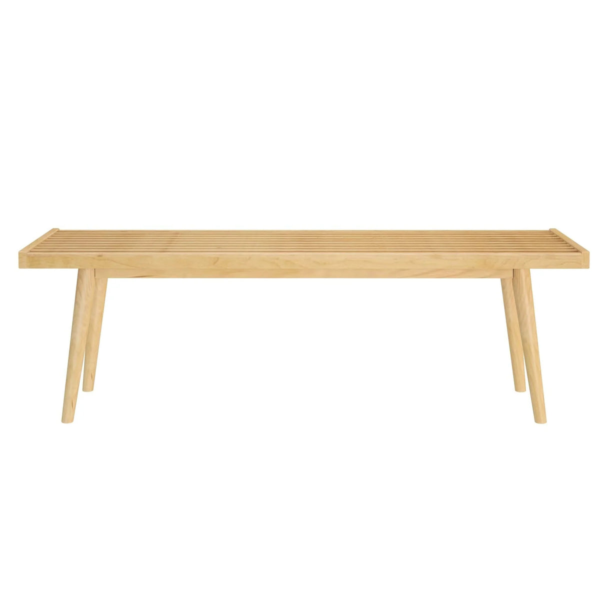 Entryway Bench with Mid-Century Slatted Design, Solid Pine and Birch Wood Frame, Tapered Legs and 275 lb Support