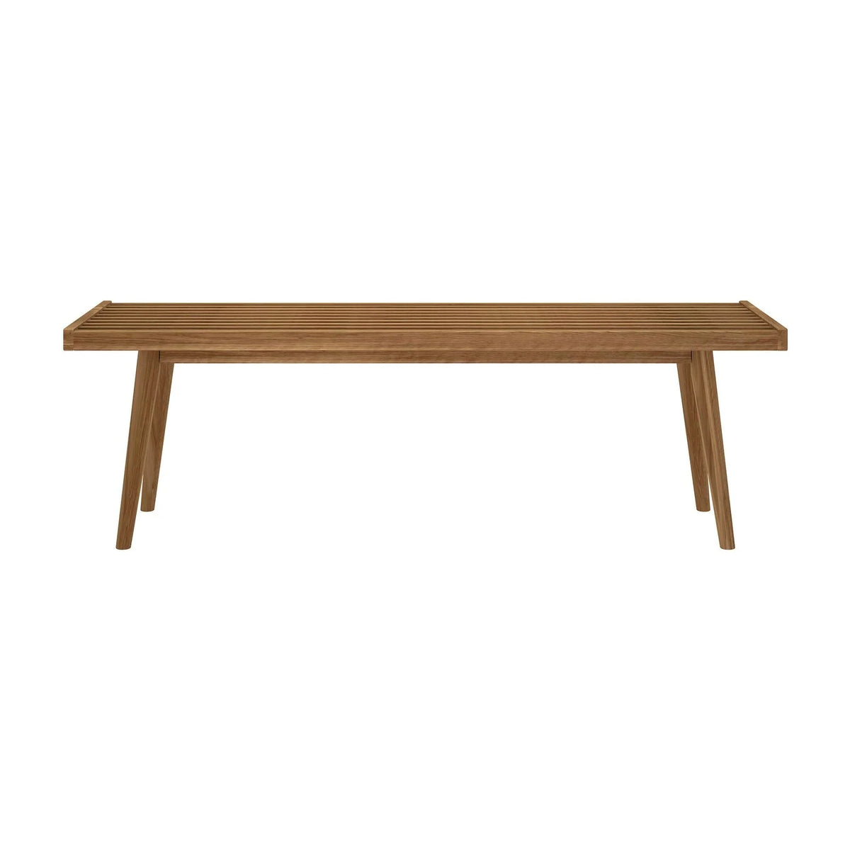Entryway Bench with Mid-Century Slatted Design, Solid Pine and Birch Wood Frame, Tapered Legs and 275 lb Support