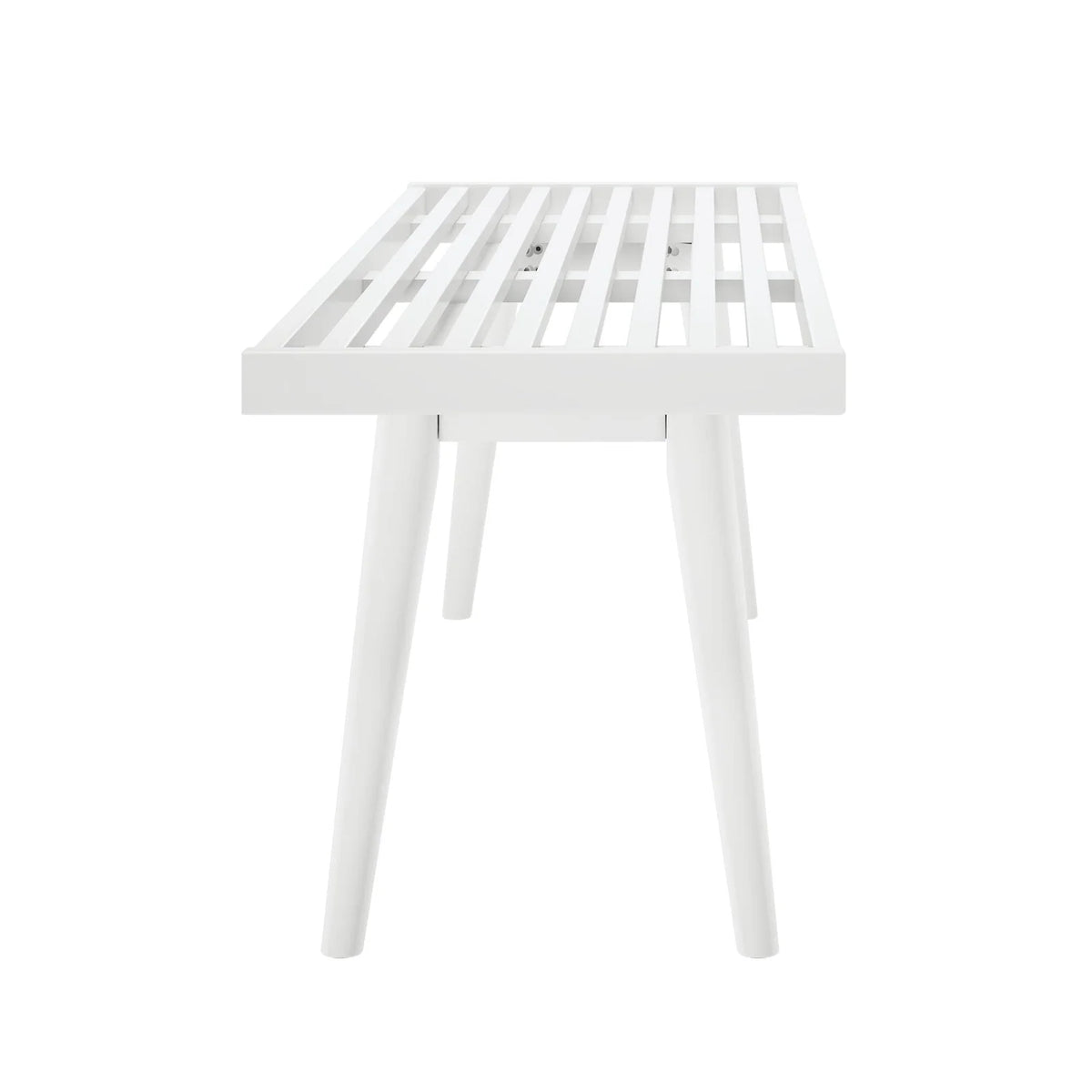 Entryway Bench with Mid-Century Slatted Design, Solid Pine and Birch Wood Frame, Tapered Legs and 275 lb Support