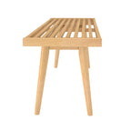 Entryway Bench with Mid-Century Slatted Design, Solid Pine and Birch Wood Frame, Tapered Legs and 275 lb Support