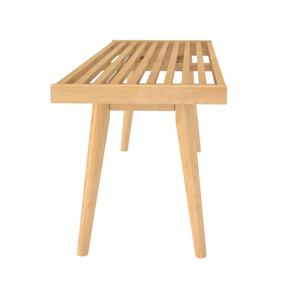 Entryway Bench with Mid-Century Slatted Design, Solid Pine and Birch Wood Frame, Tapered Legs and 275 lb Support