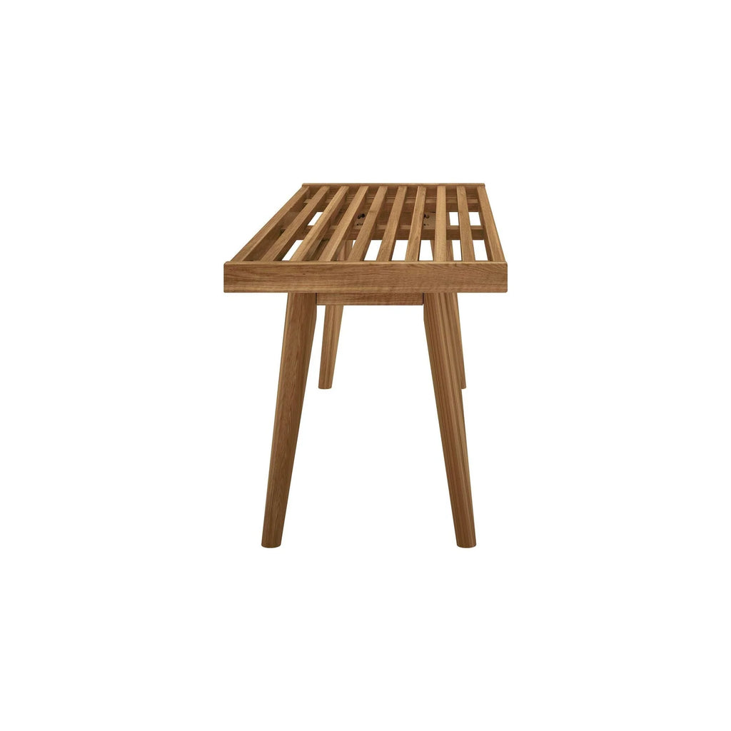 Entryway Bench with Mid-Century Slatted Design, Solid Pine and Birch Wood Frame, Tapered Legs and 275 lb Support