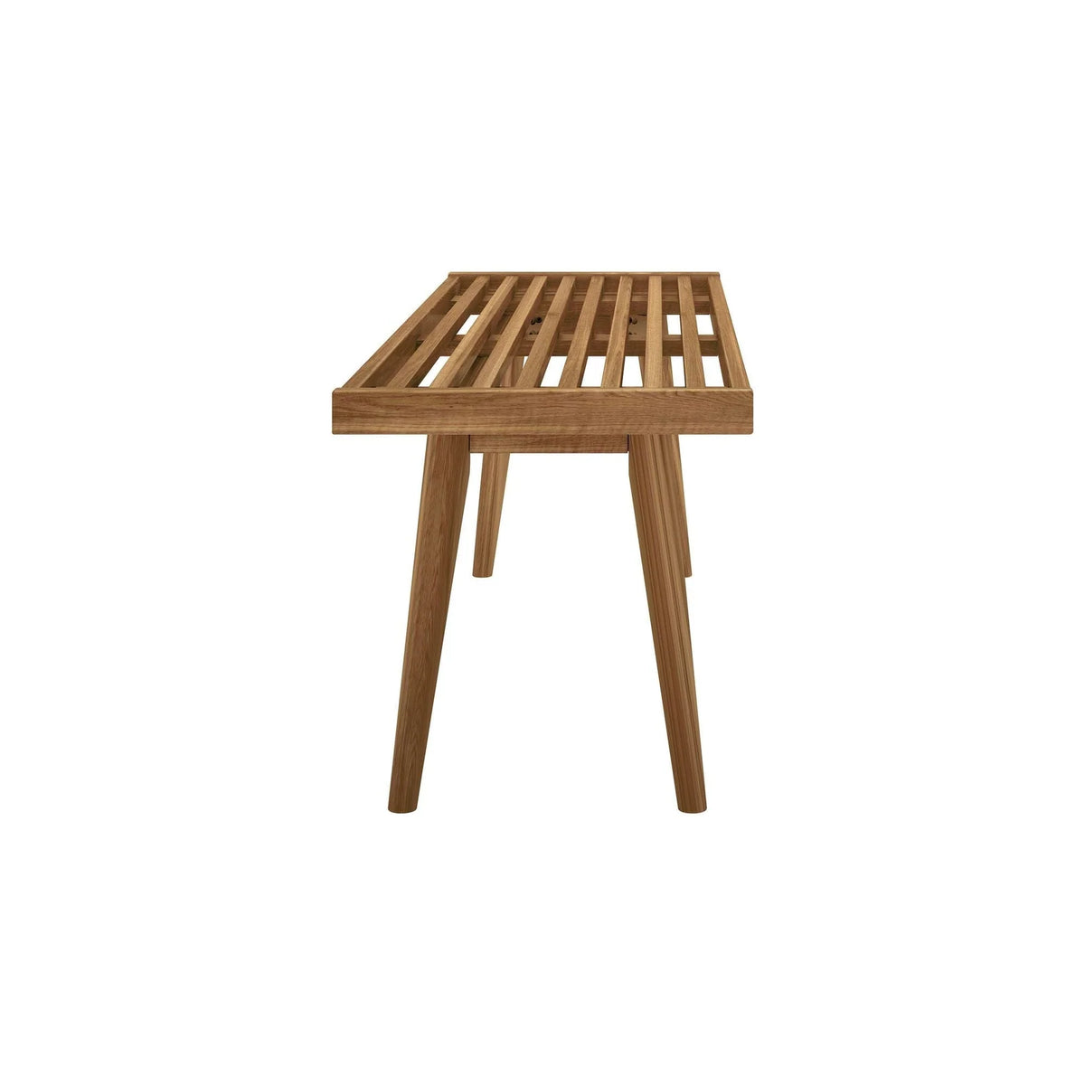 Entryway Bench with Mid-Century Slatted Design, Solid Pine and Birch Wood Frame, Tapered Legs and 275 lb Support
