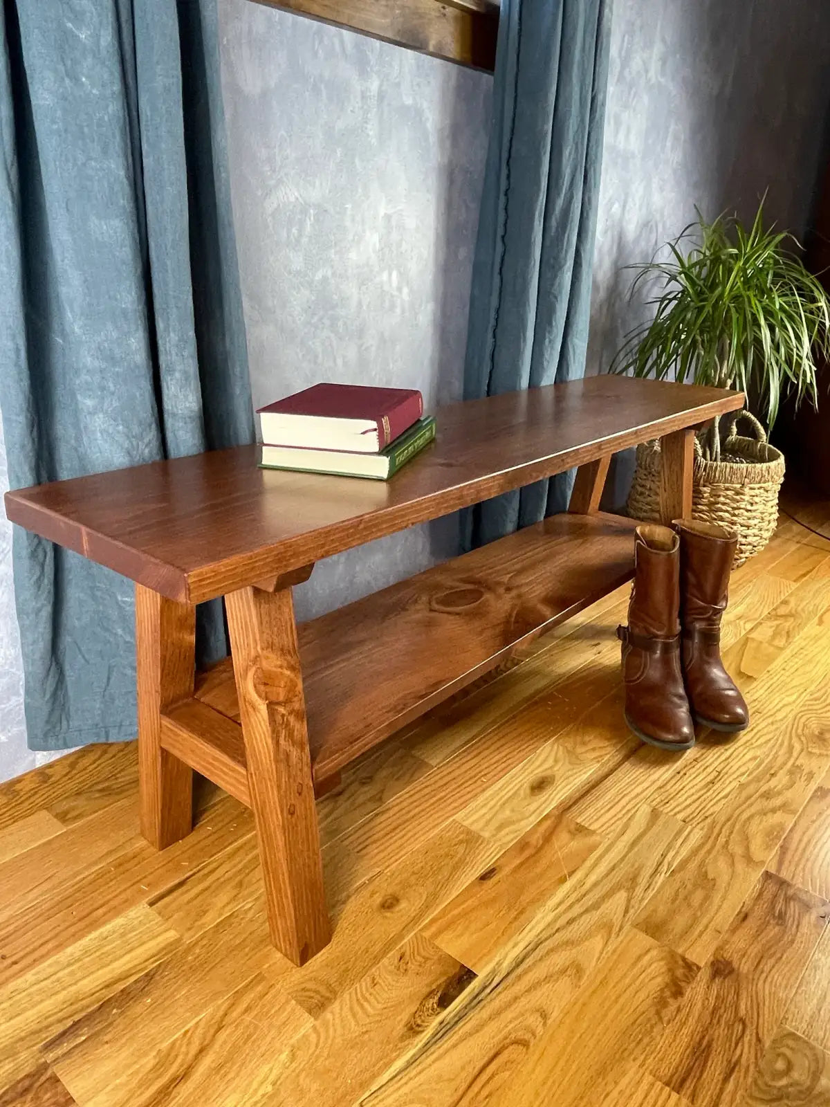 Entryway Bench with Shoe Shelf, Solid Eastern White Pine, Custom 24–72 Inch Lengths and Choice of Stain