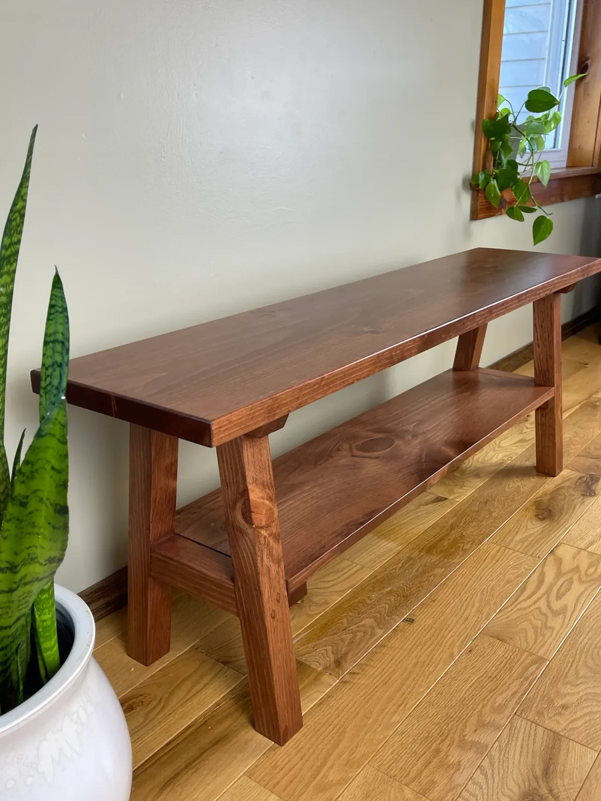 Entryway Bench with Shoe Shelf, Solid Eastern White Pine, Custom 24–72 Inch Lengths and Choice of Stain