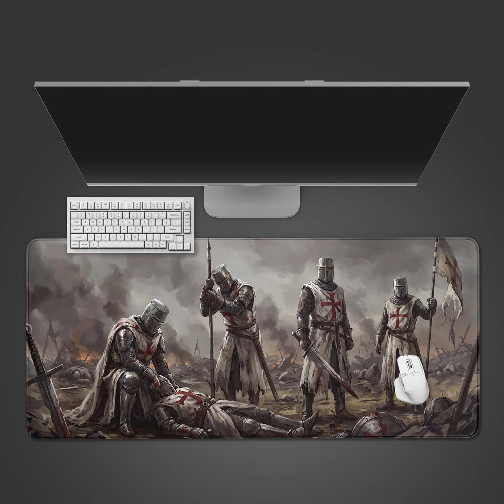 Fallen Crusader Dark Fantasy Desk Mat Mouse Pad with Smooth Tracking, Waterproof Surface, RGB and Custom Text