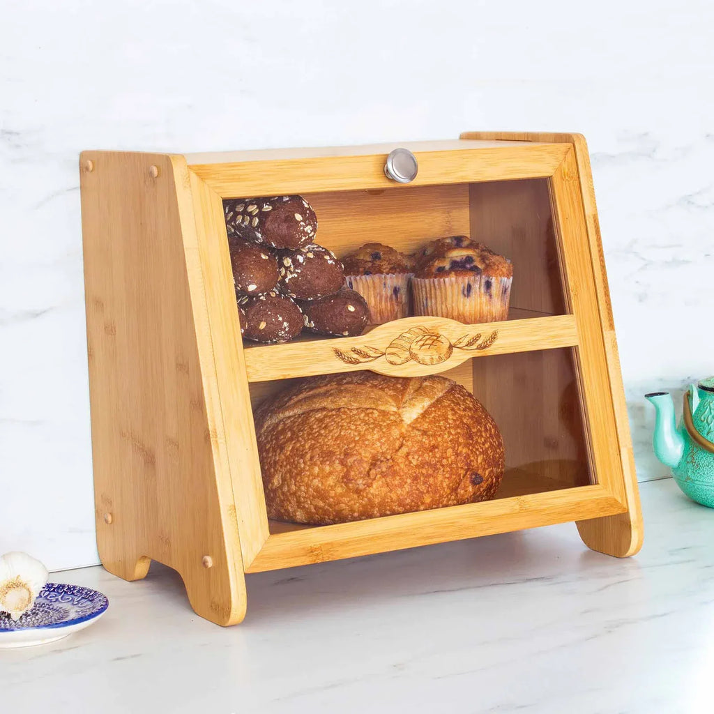 Farmhouse Bread Box for Kitchen Countertop with Extra-Large Two-Layer Storage and Secure Magnetic-Lock Door
