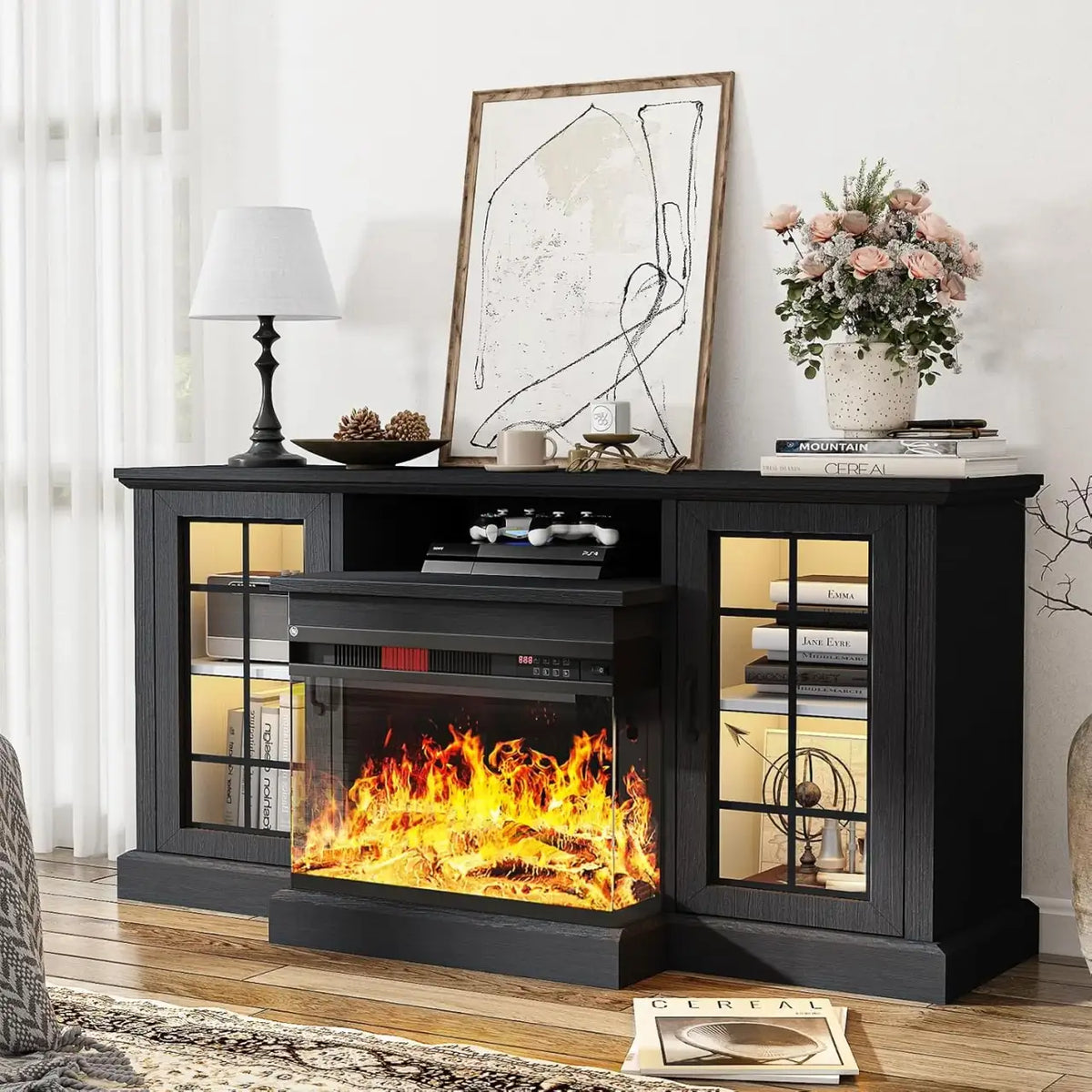 Farmhouse Fireplace TV Stand with Three-Sided Glass Display and Adjustable Shelves for Living Room Storage