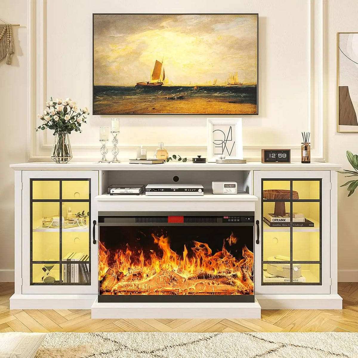 Farmhouse Fireplace TV Stand with Three-Sided Glass Display and Adjustable Shelves for Living Room Storage