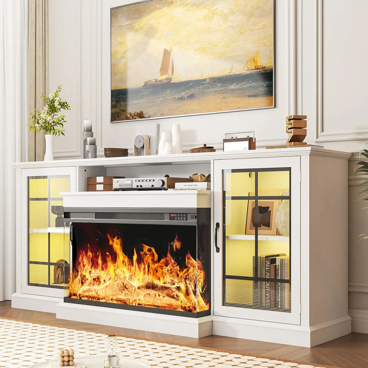 Farmhouse Fireplace TV Stand with Three-Sided Glass Display and Adjustable Shelves for Living Room Storage