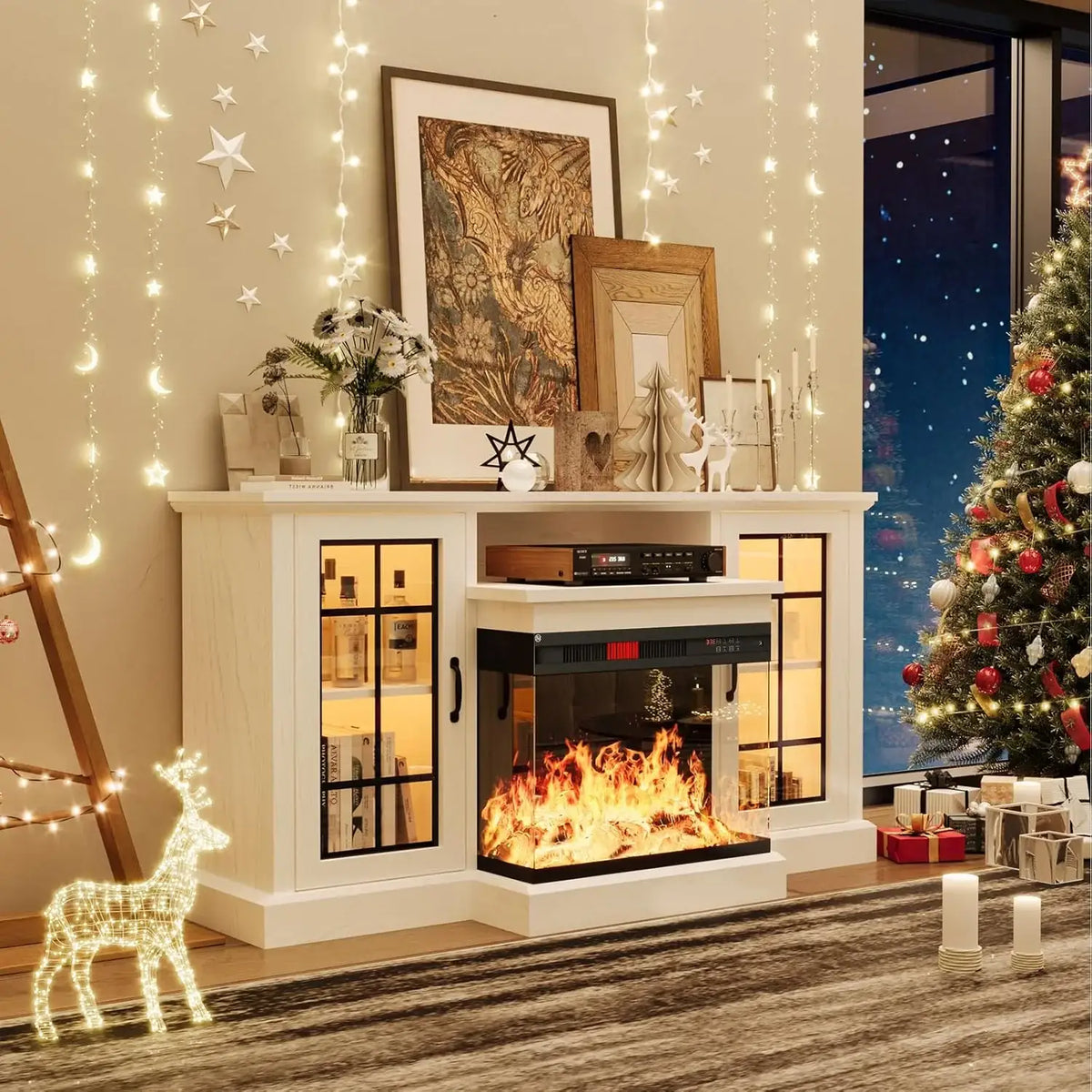 Farmhouse Fireplace TV Stand with Three-Sided Glass Display and Adjustable Shelves for Living Room Storage