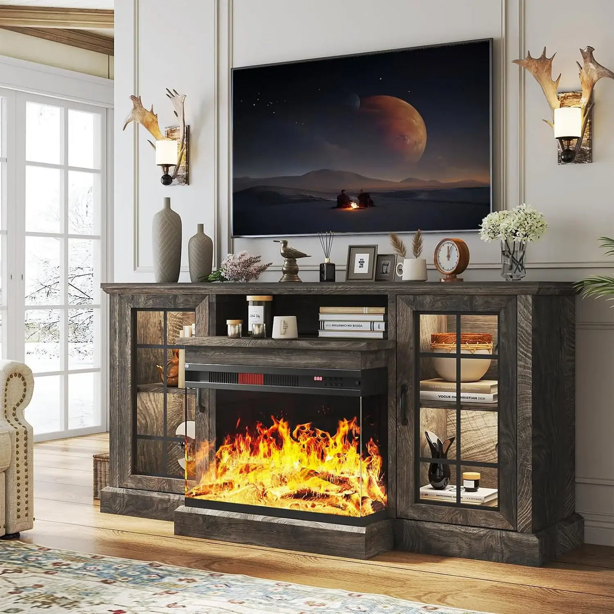 Farmhouse Fireplace TV Stand with Three-Sided Glass Display — 59Inch / Gray+Black / 70Inch / Gray+Black / 80Inch / Gray+Black