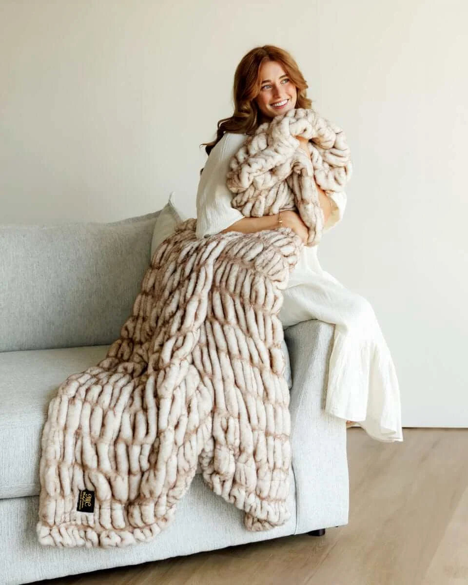 Faux Fur Blanket in Warm Tan with a Subtle Frosted Effect and Stretchy Softness on Both Sides