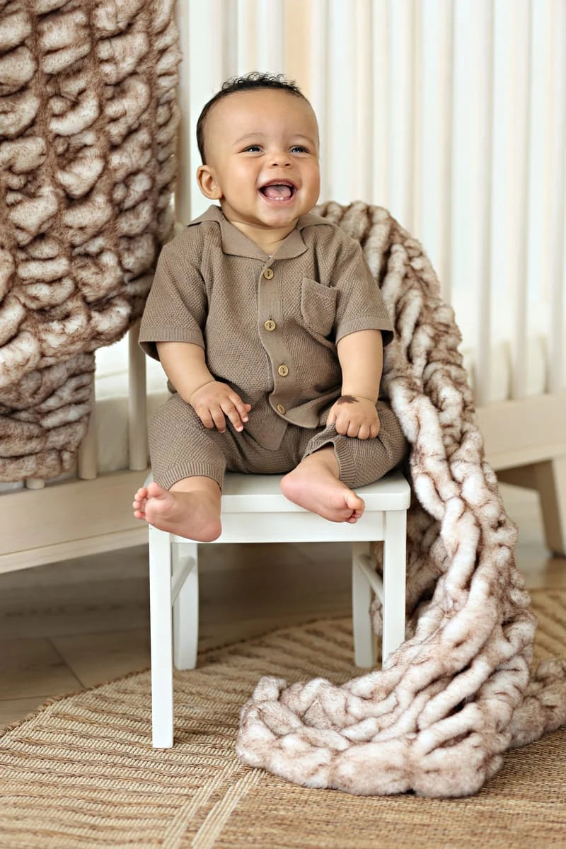Faux Fur Blanket in Warm Tan with a Subtle Frosted Effect and Stretchy Softness on Both Sides