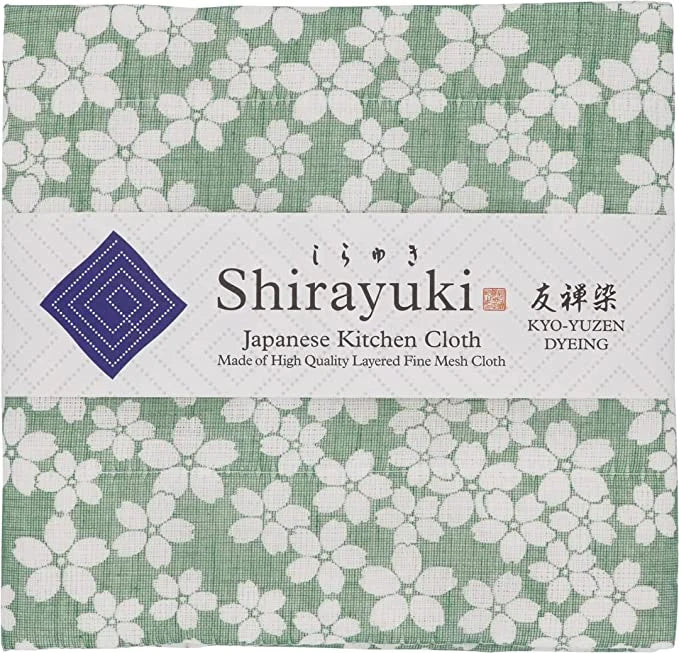 Fine Mesh Kitchen Cloth in Green Cherry Blossoms for Everyday Dish and Table Wiping, Made in Japan