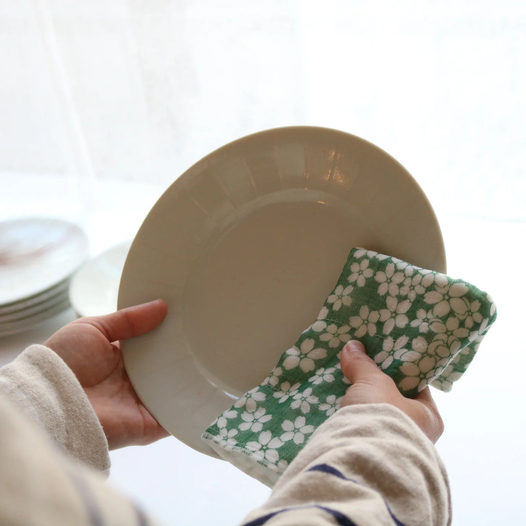 Fine Mesh Kitchen Cloth in Green Cherry Blossoms for Everyday Dish and Table Wiping, Made in Japan
