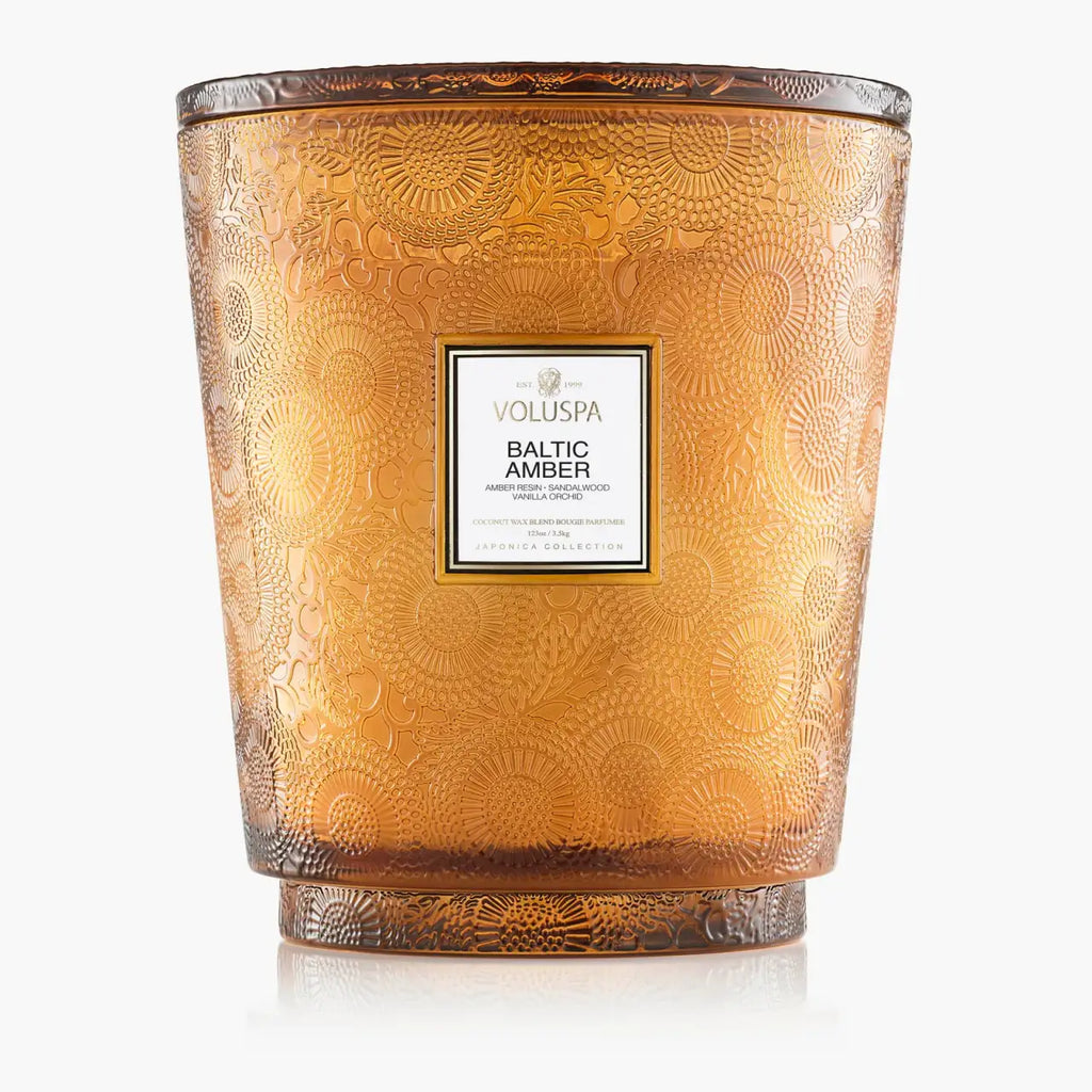 Five-Wick Hearth Candle in Baltic Amber, a Warm Woody Fragrance
