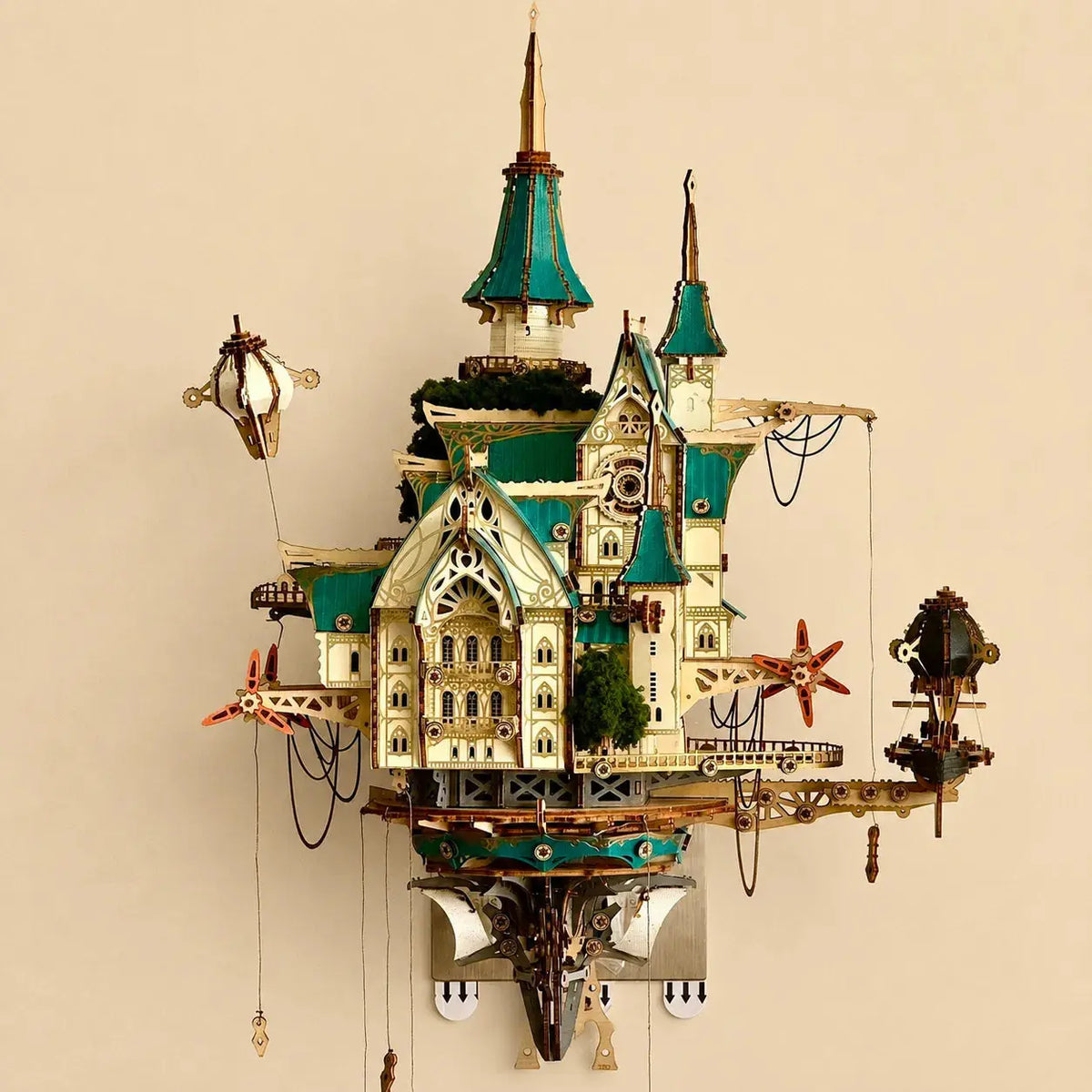 Floating Castle 3D Wooden Puzzle Kit, 699-Piece Steampunk Architecture with Built-In LED Lighting