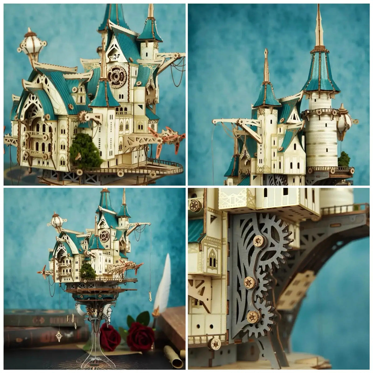 Floating Castle 3D Wooden Puzzle Kit, 699-Piece Steampunk Architecture with Built-In LED Lighting