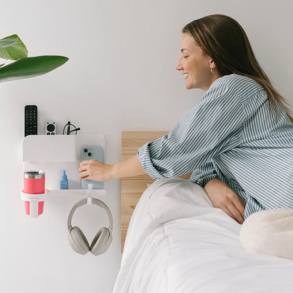 Floating Wall Shelf with Modular Accessories and Cord Storage for Bedside and Living Room Essentials