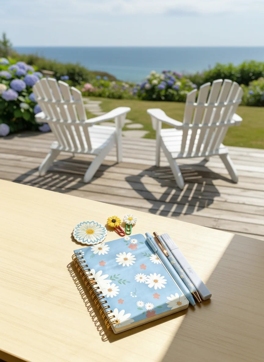 Floral A6 Spiral Notebook Set with 160 Lined Pages, Glitter Pen, Ballpoint Pen, Highlighter and Daisy Stationery — Light Blue