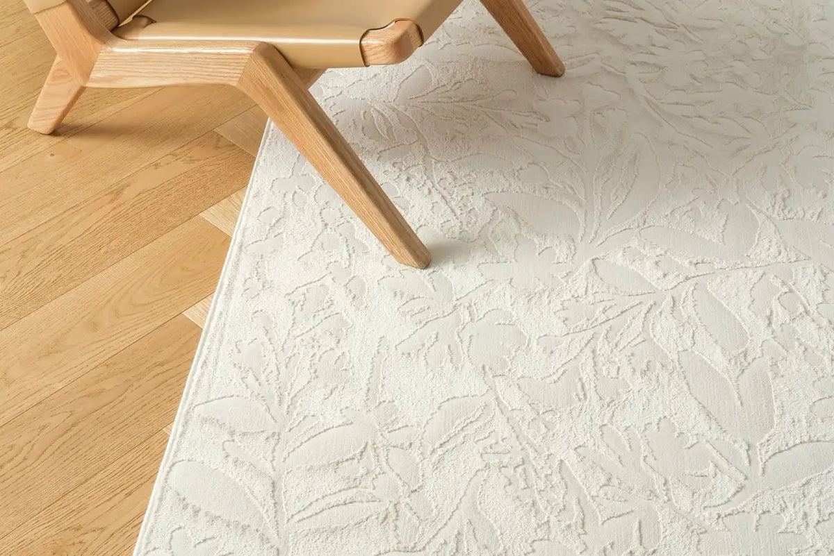Floral Area Rug in Recycled Polyester, Washable Medium-Pile Design in Bone Beige or Camel, Multiple Room Sizes
