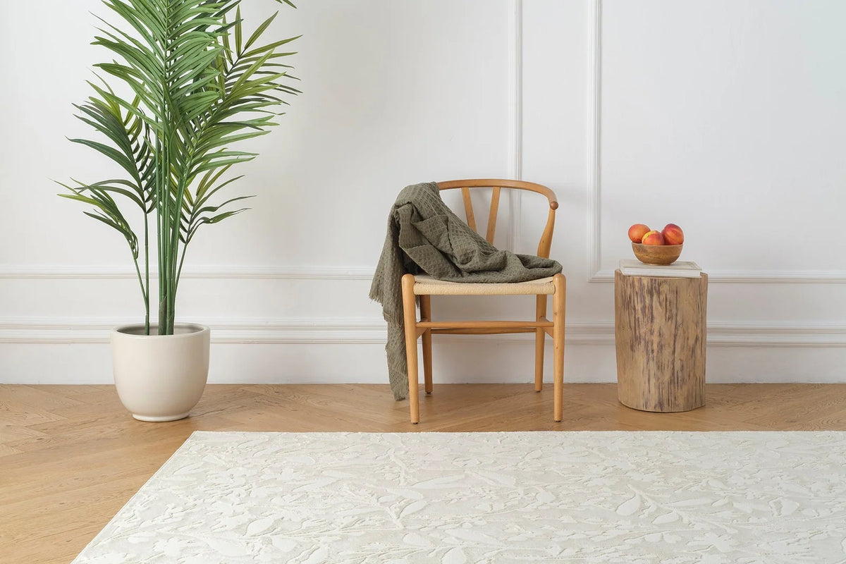 Floral Area Rug in Recycled Polyester, Washable Medium-Pile Design in Bone Beige or Camel, Multiple Room Sizes