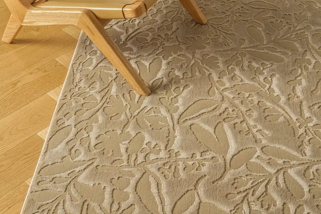Floral Area Rug in Recycled Polyester, Washable Medium-Pile Design in Bone Beige or Camel, Multiple Room Sizes