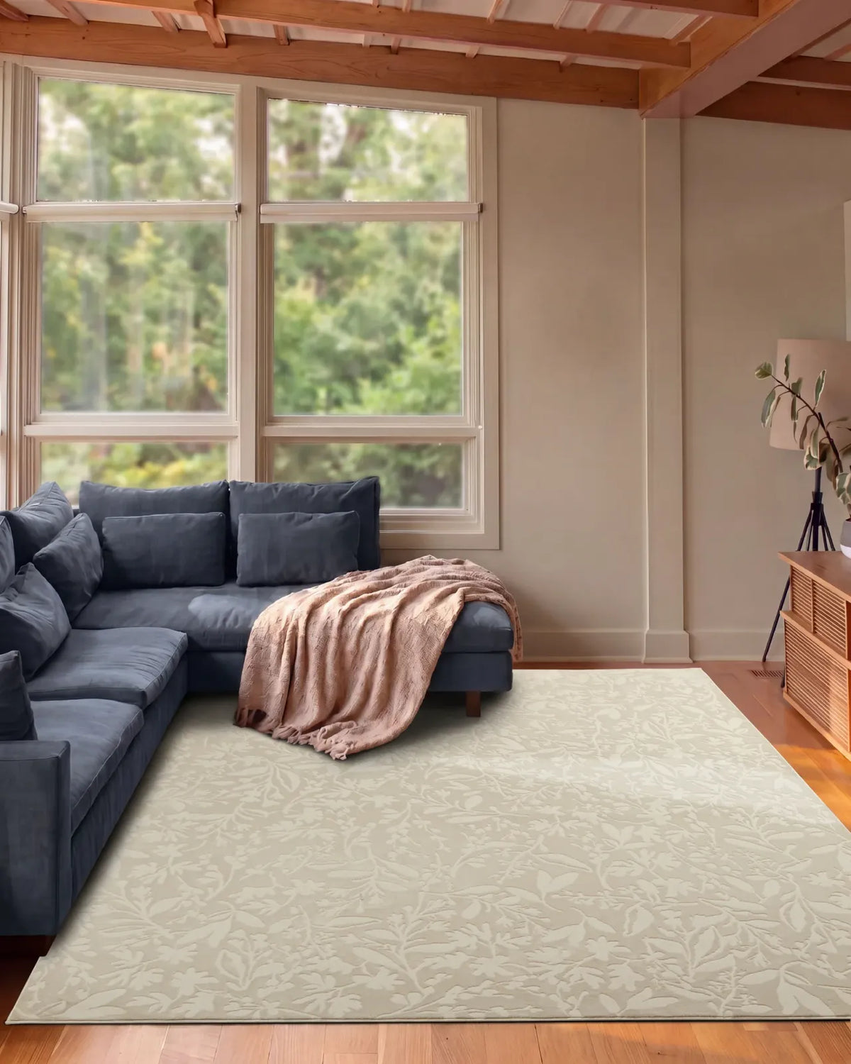 Floral Area Rug in Recycled Polyester, Washable Medium-Pile Design in Bone Beige or Camel, Multiple Room Sizes