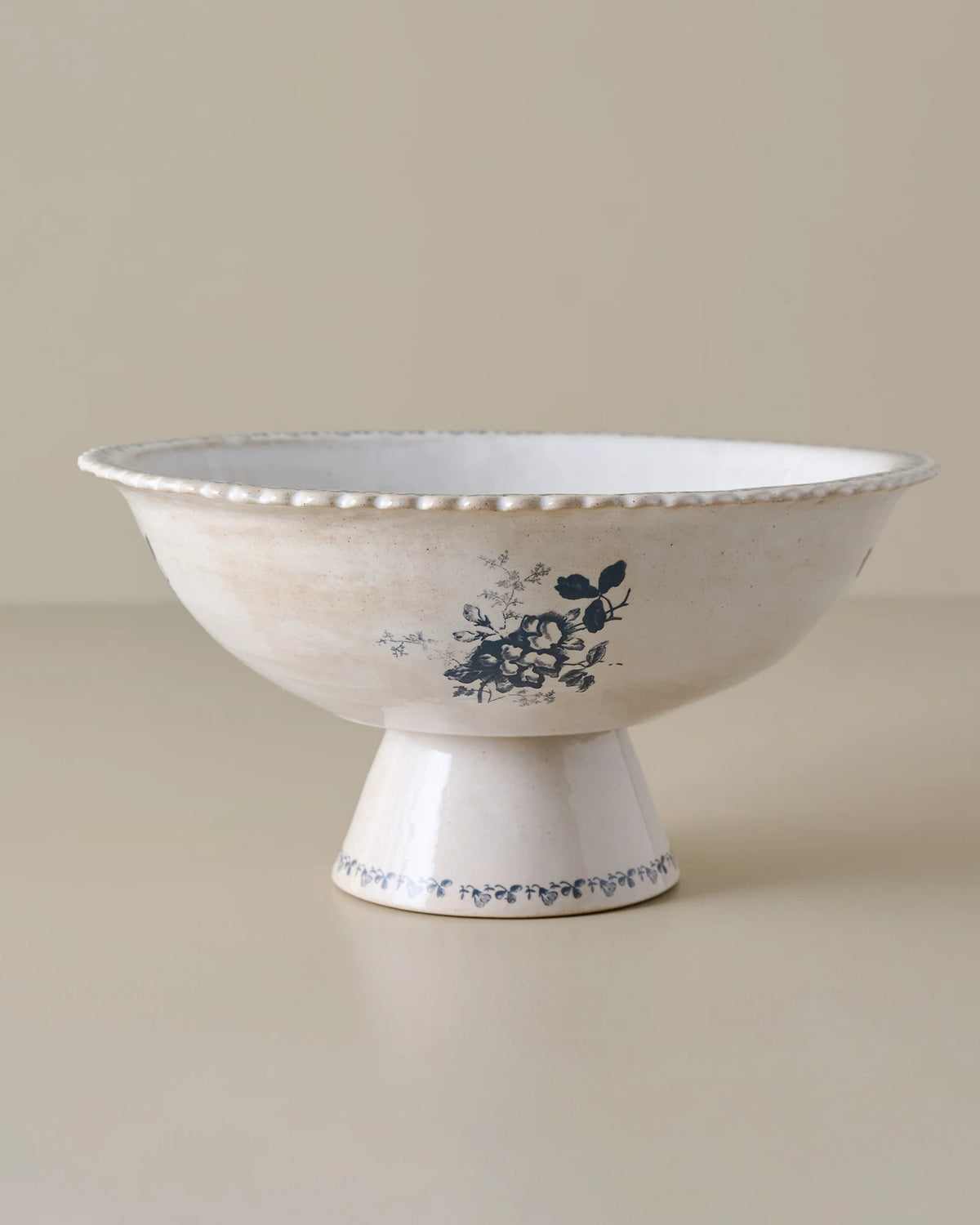 Floral Pedestal Serving Bowl with Navy Botanical Pattern and Scalloped Rim for Shared Meals