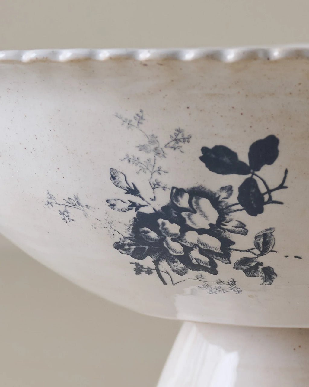 Floral Pedestal Serving Bowl with Navy Botanical Pattern and Scalloped Rim for Shared Meals