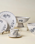 Floral Pedestal Serving Bowl with Navy Botanical Pattern and Scalloped Rim for Shared Meals