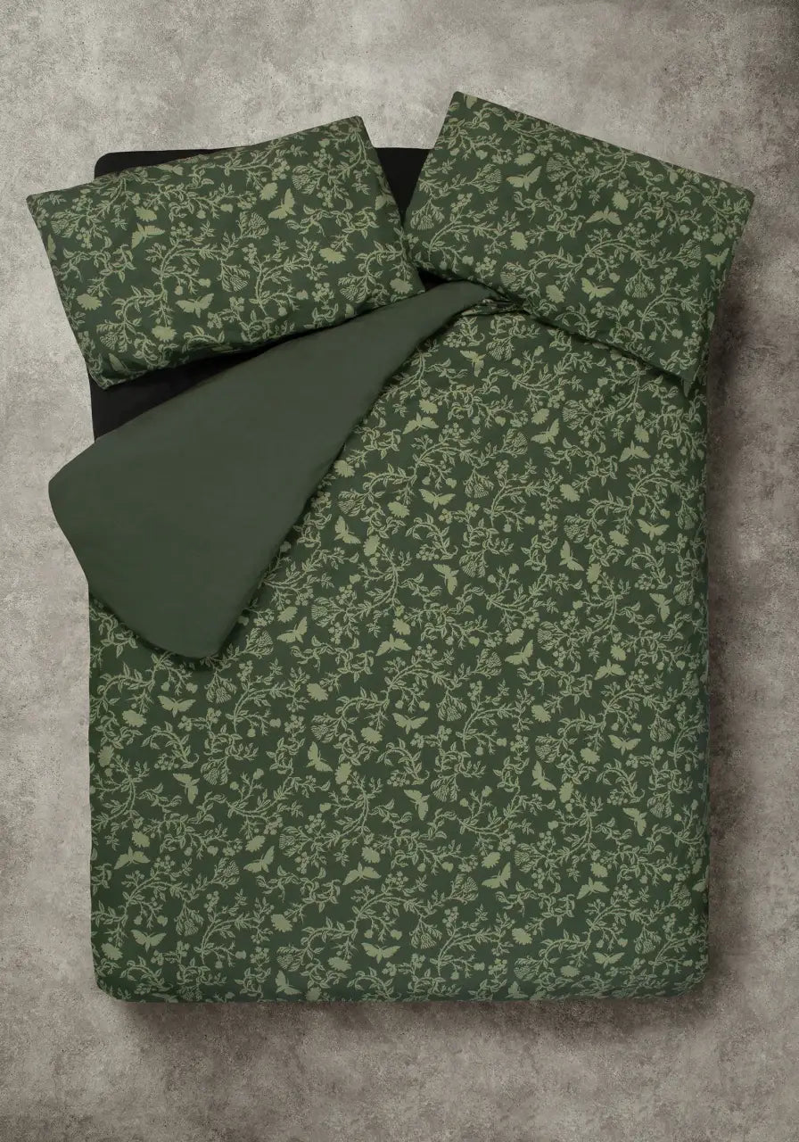 Floral Queen Bedding Set in Green Cotton-Linen Blend