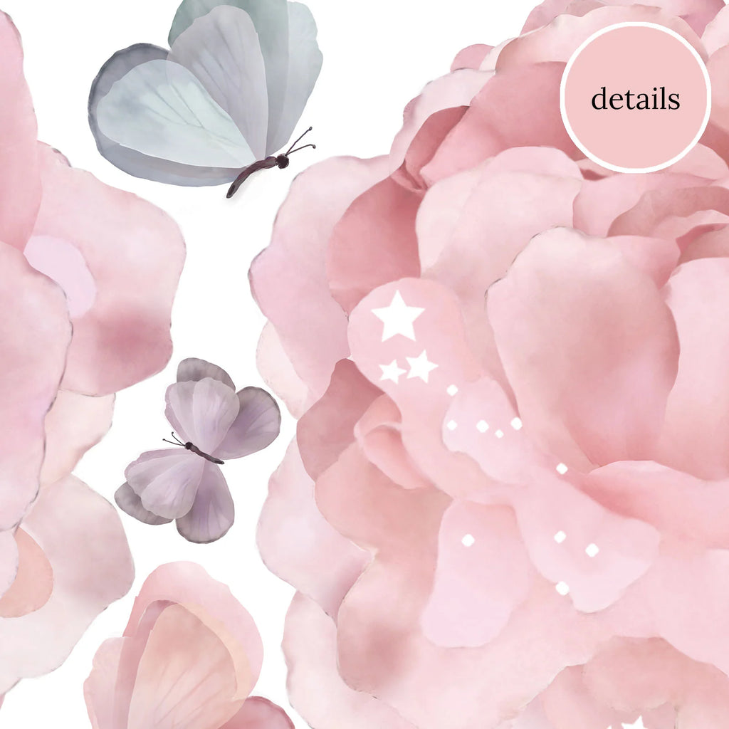 Floral Wall Stickers with Peonies, Butterflies, Stars and White Star Dust in Three Decorative Pack Sizes