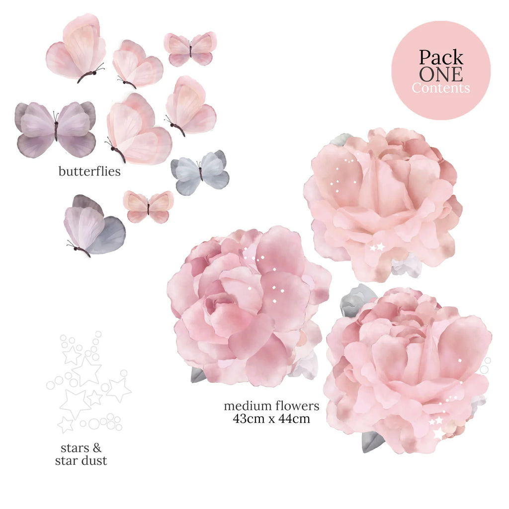 Floral Wall Stickers with Peonies, Butterflies, Stars and White Star Dust in Three Decorative Pack Sizes