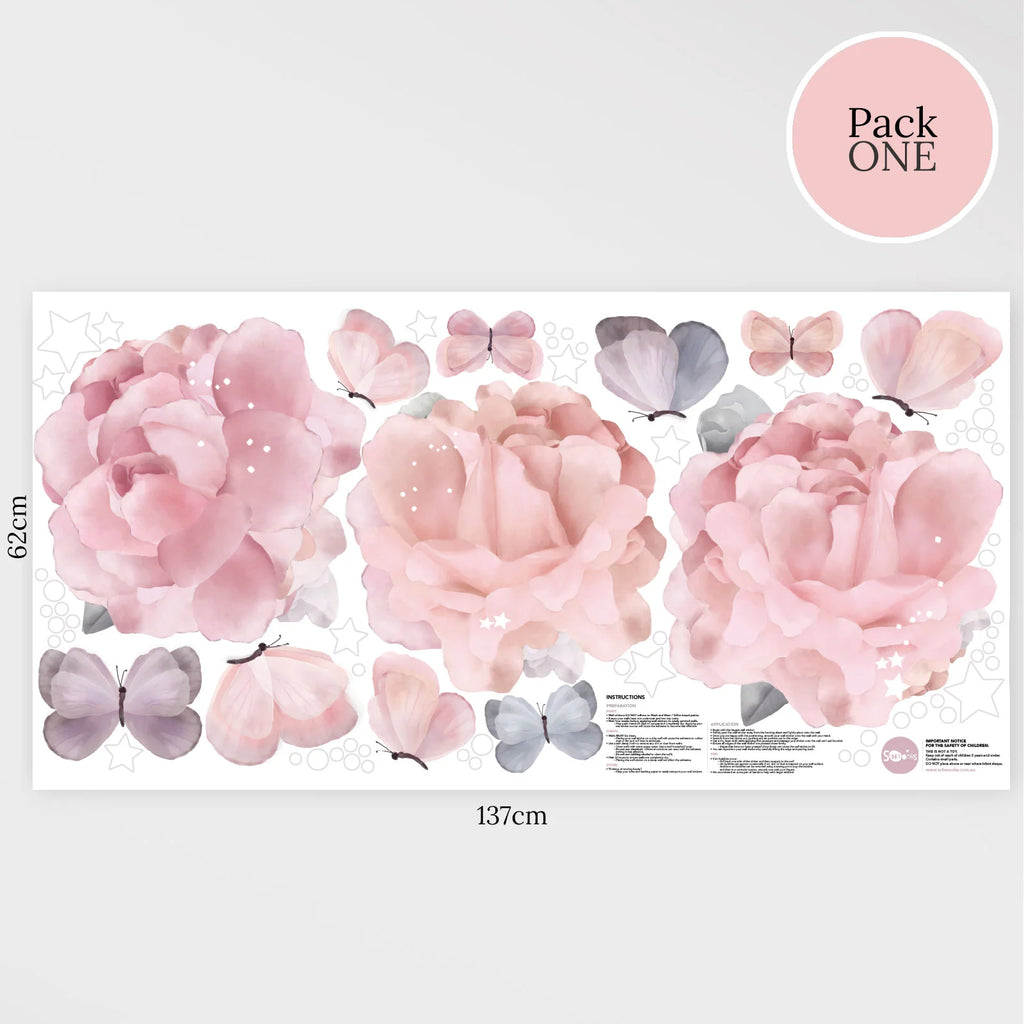 Floral Wall Stickers with Peonies, Butterflies, Stars and White Star Dust in Three Decorative Pack Sizes — Pack 1