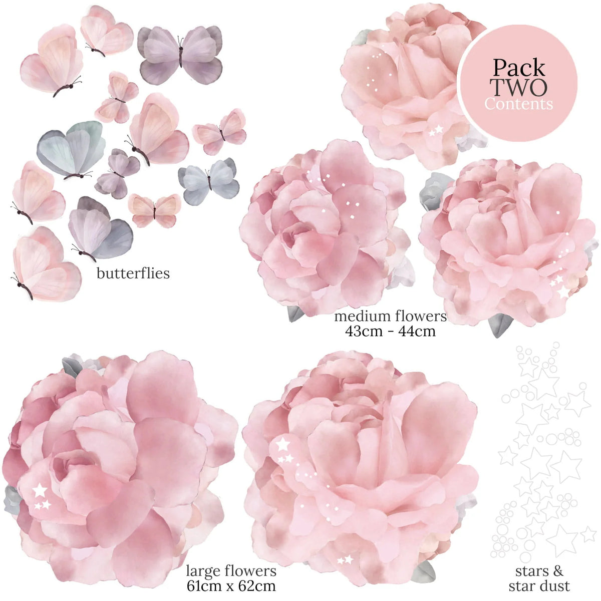 Floral Wall Stickers with Peonies, Butterflies, Stars and White Star Dust in Three Decorative Pack Sizes