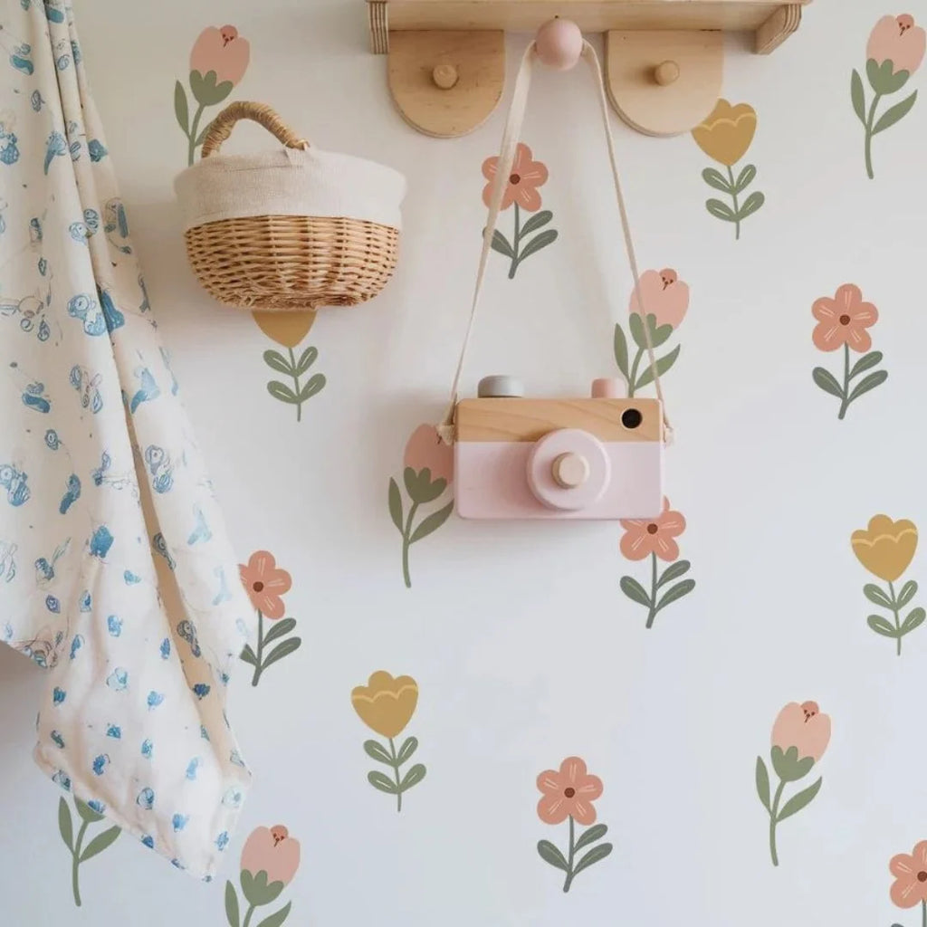 Flower Nursery Wall Stickers in Soft Pastel Colours, 18 Removable Woven Fabric Decals for Nursery Decor