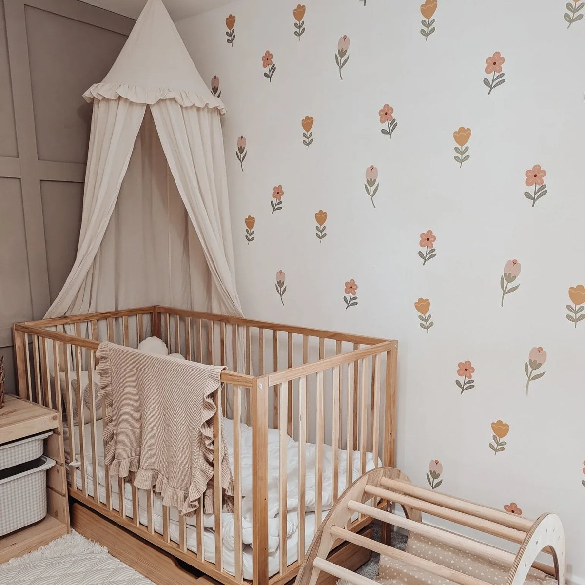 Flower Nursery Wall Stickers in Soft Pastel Colours, 18 Removable Woven Fabric Decals for Nursery Decor