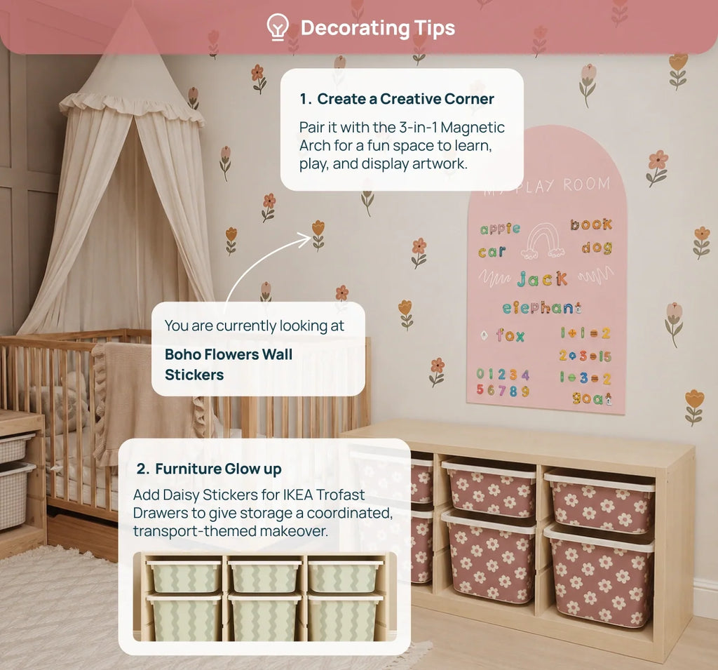 Flower Nursery Wall Stickers in Soft Pastel Colours, 18 Removable Woven Fabric Decals for Nursery Decor