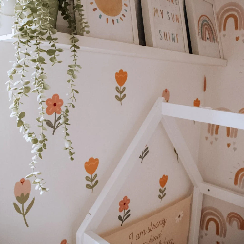 Flower Nursery Wall Stickers in Soft Pastel Colours, 18 Removable Woven Fabric Decals for Nursery Decor