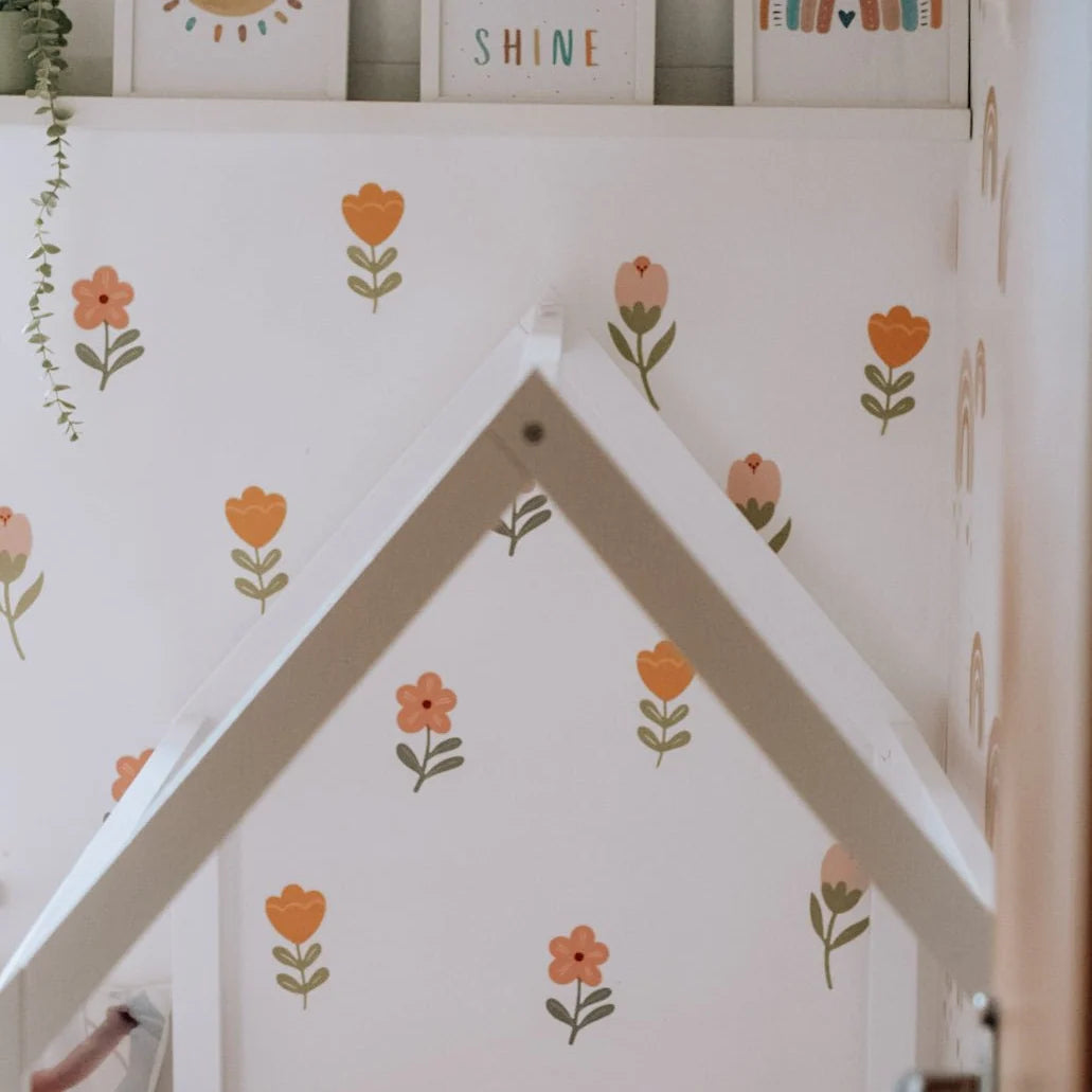 Flower Nursery Wall Stickers in Soft Pastel Colours, 18 Removable Woven Fabric Decals for Nursery Decor