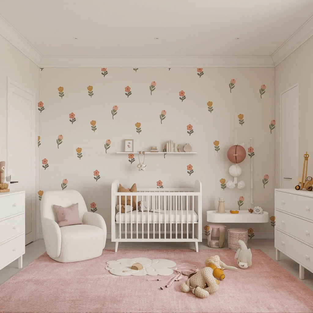 Flower Nursery Wall Stickers in Soft Pastel Colours, 18 Removable Woven Fabric Decals for Nursery Decor