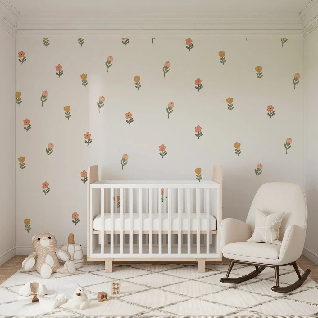 Flower Nursery Wall Stickers in Soft Pastel Colours, 18 Removable Woven Fabric Decals for Nursery Decor