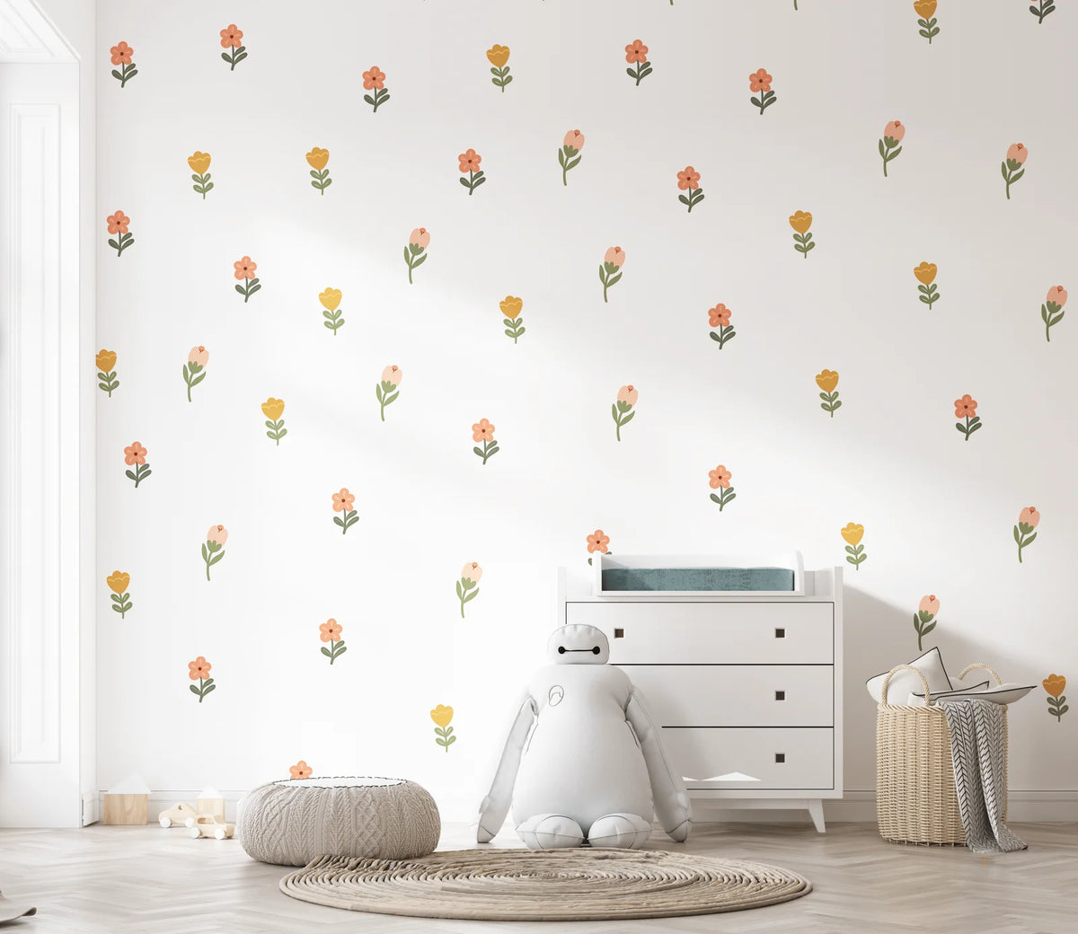 Flower Nursery Wall Stickers in Soft Pastel Colours, 18 Removable Woven Fabric Decals for Nursery Decor