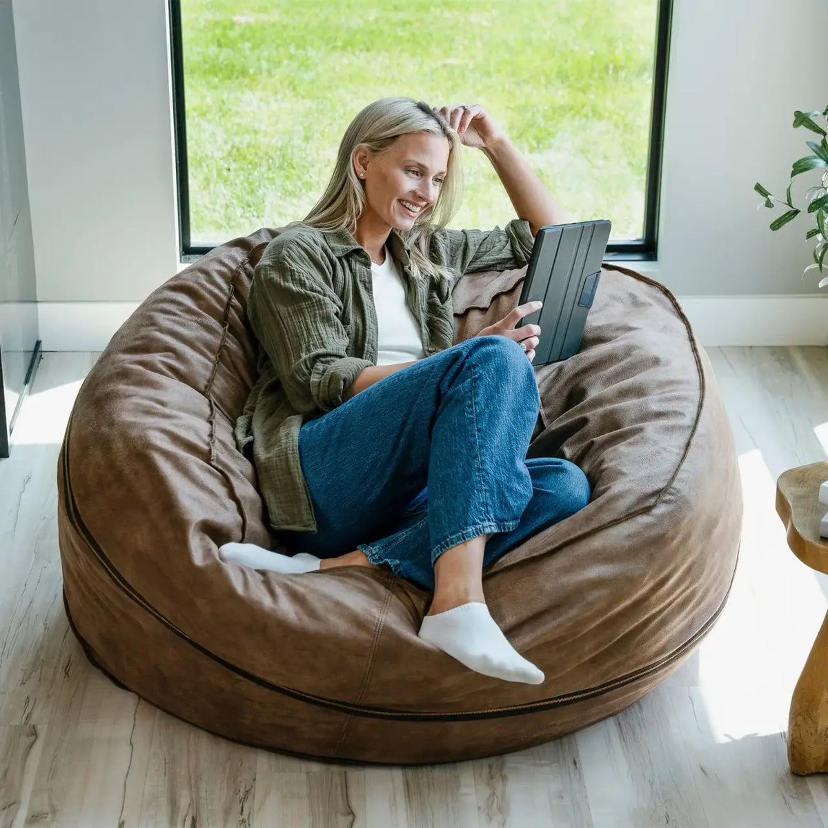 Foam Bean Bag Chair, Premium-Coffee Soft Vegan Leather