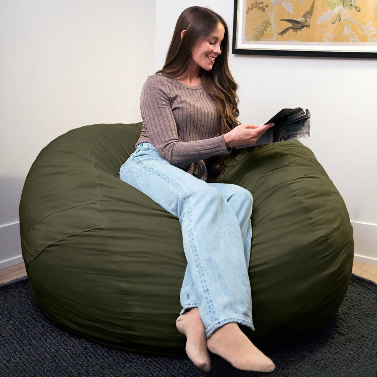 Foam Bean Bag Chair, Standard-Forest Green Velveteen