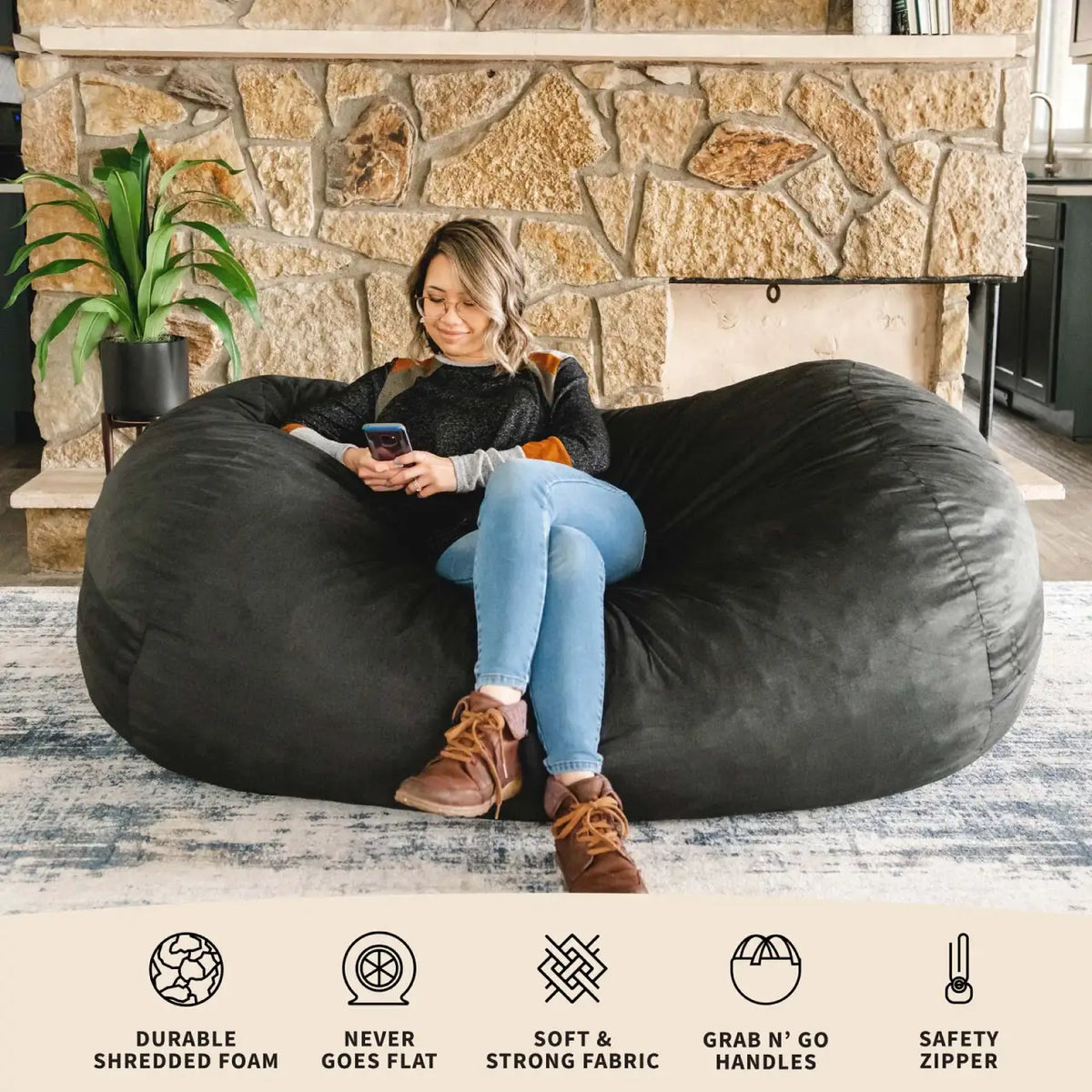 Foam Bean Bag Lounger, Plush-Black Plush