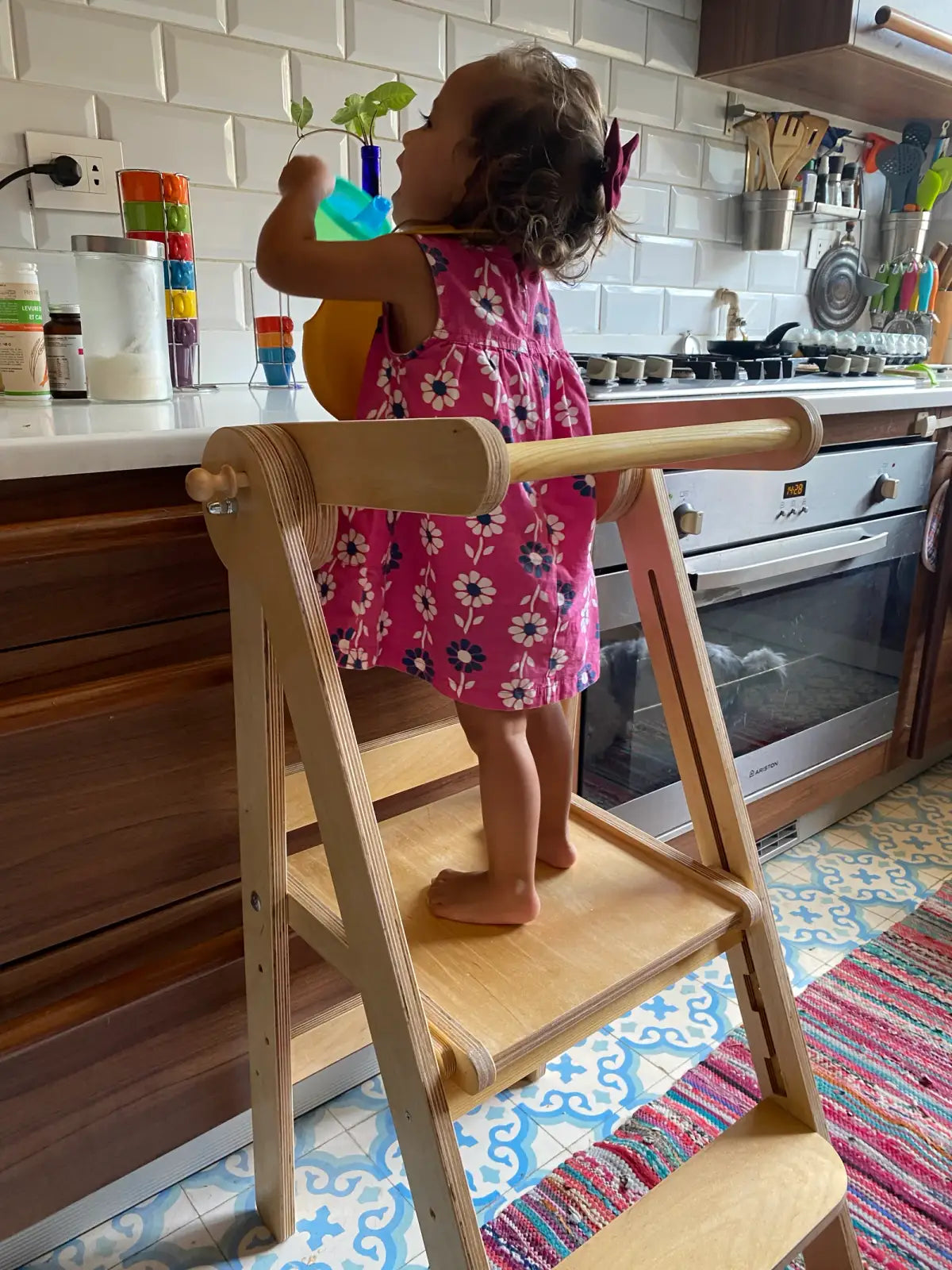Foldable Learning Tower with Three Adjustable Platform Levels for Kitchen and Bathroom Independence